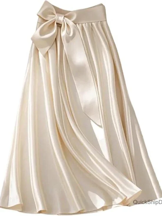 High Waisted Bowknot Ruffle Satin Midi Skirt - Picture 1 of 5